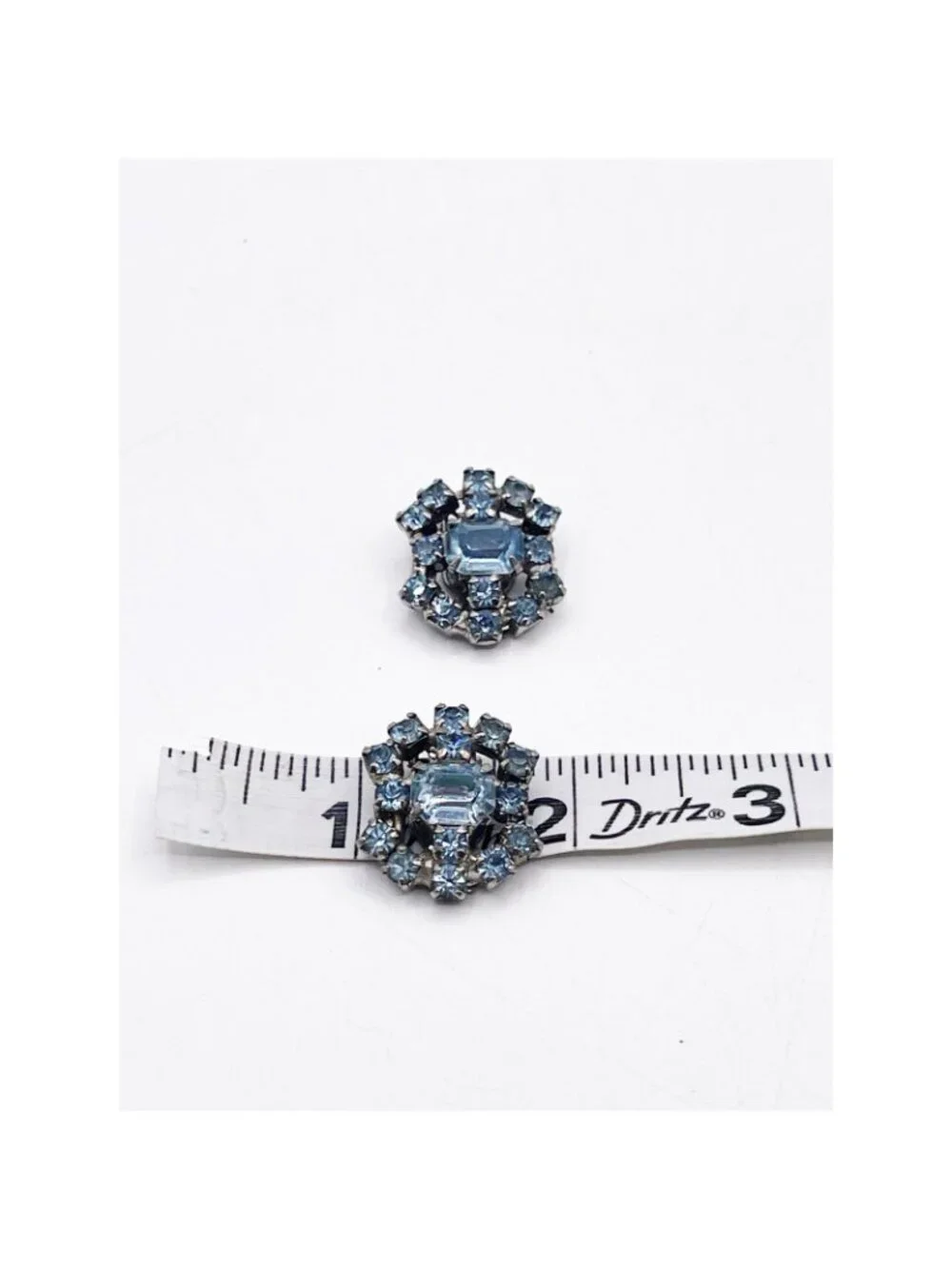 Vintage Silver Tone Blue Rhinestone Floral Cluster Clip-On Earrings Retro MCM